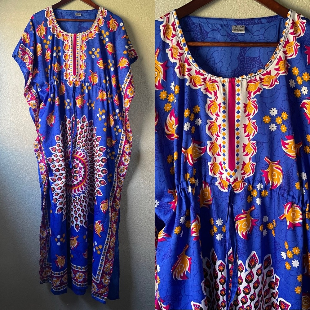 Vintage Colorful Kaftan Artsy Art To Wear Festival Batwing Viscose Maxi Dress